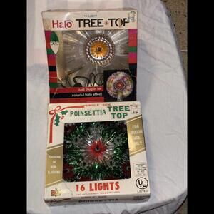 Rare Holiday Vintage Lot Of 2 Halo 10 Light Tree Top & Poinsettia 16 Light Works